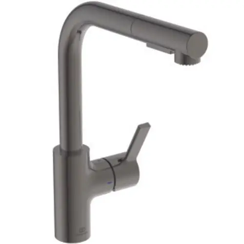 Küchenarmatur von Ideal Standard in Magnetic Grey mit schwenkbarem Auslauf und brauseähnlicher Funktion. Einhebelbedienung zur Temperatur- und Durchflussregulierung.